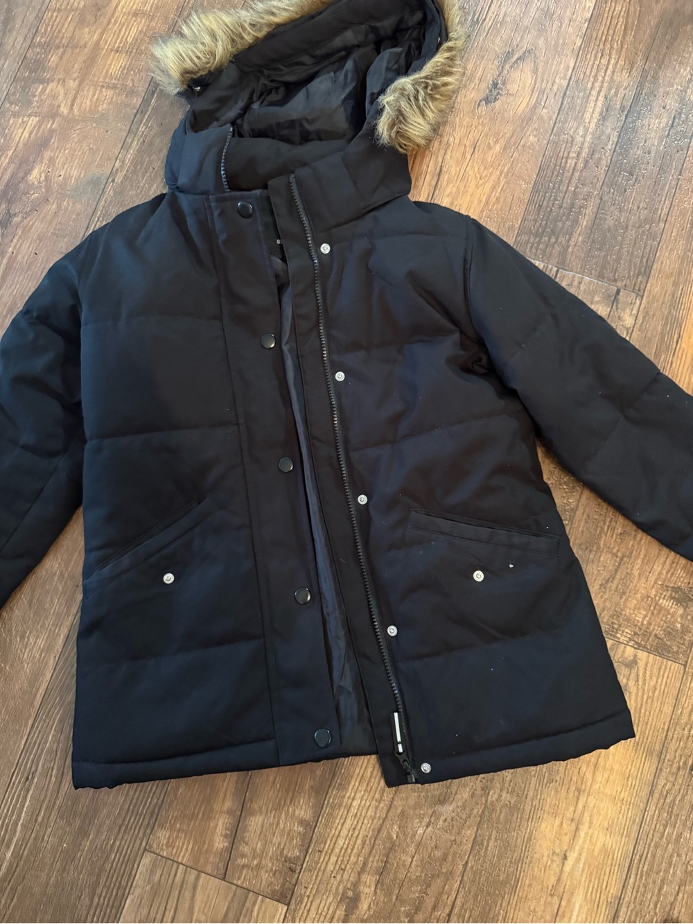 Swiss Tech Black Puffer Jacket with Faux Fur Hood